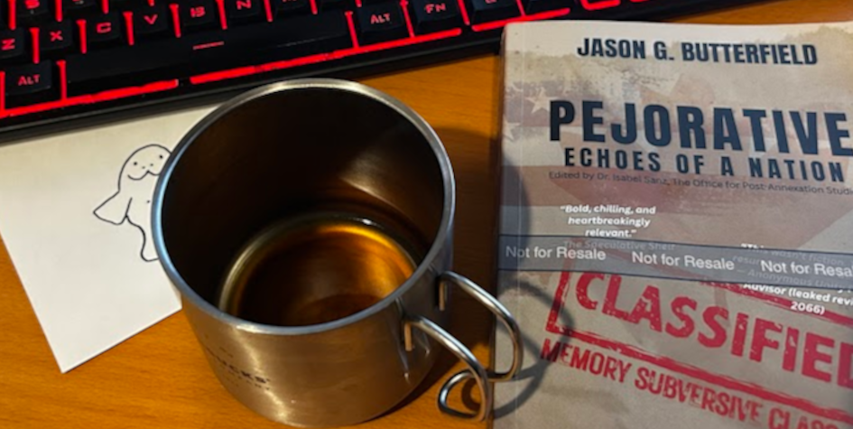 A keyboard, empty metal coffee mug and the book Pejorative.